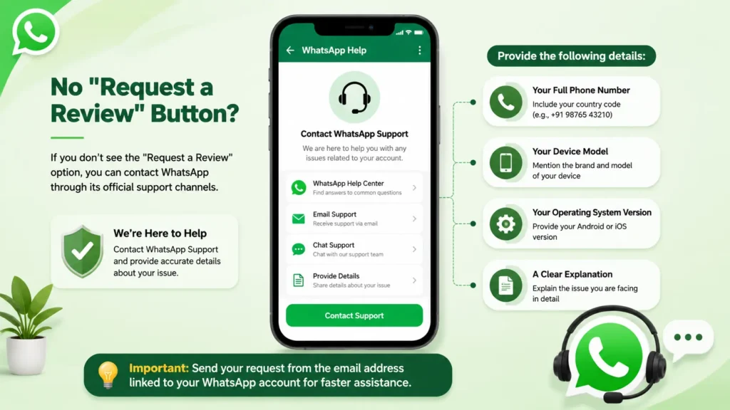WhatsApp support illustration showing what to do if the Request a Review button is not available