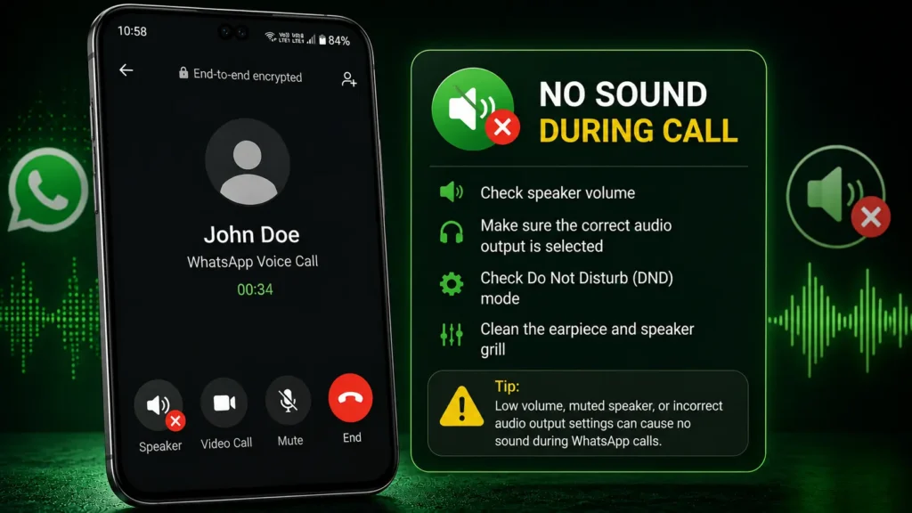 Android smartphone showing a connected WhatsApp voice call with a No Sound During Call warning and speaker troubleshooting tips.