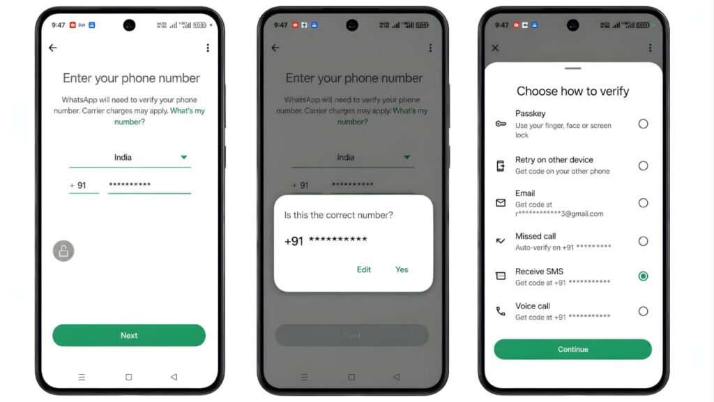 WhatsApp phone number confirmation and verification method selection screen