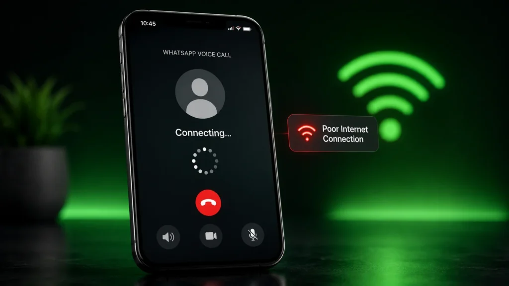 WhatsApp voice call showing Connecting screen with poor internet connection warning on an Android smartphone.