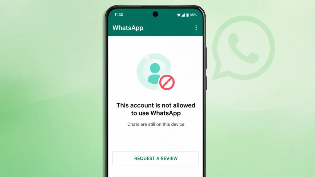 WhatsApp Request a Review screen for a banned account