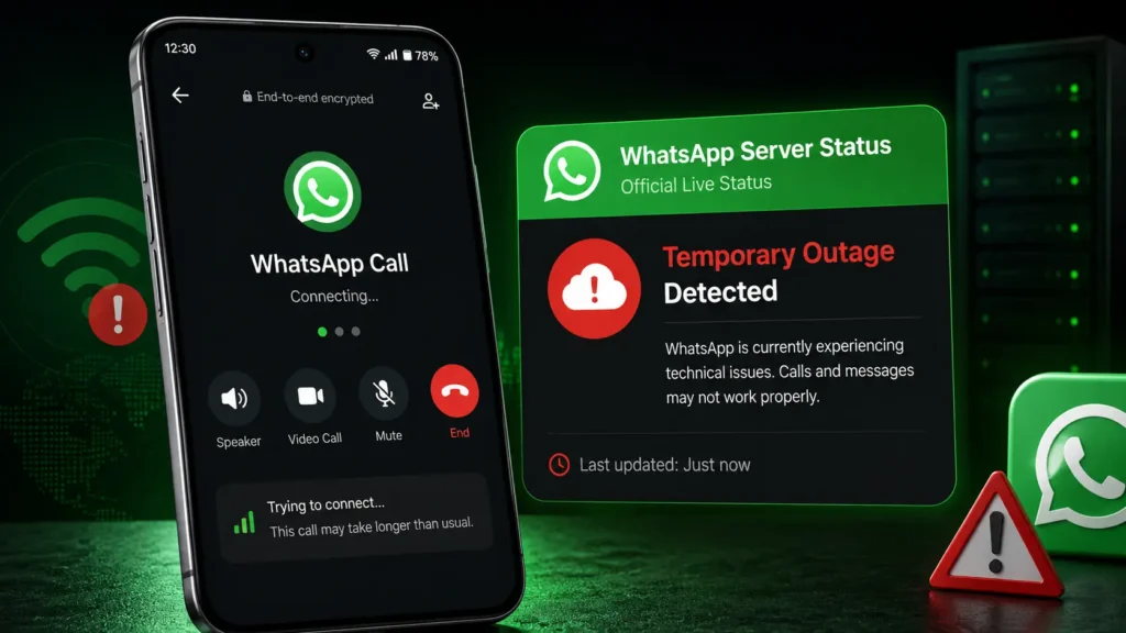 Android smartphone showing a WhatsApp call stuck on Connecting with a temporary WhatsApp server outage status notification.