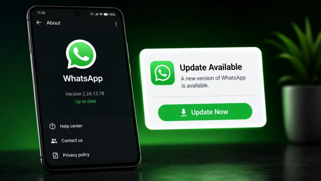 Android smartphone showing a WhatsApp update available notification with an Update Now button to fix WhatsApp call issues.
