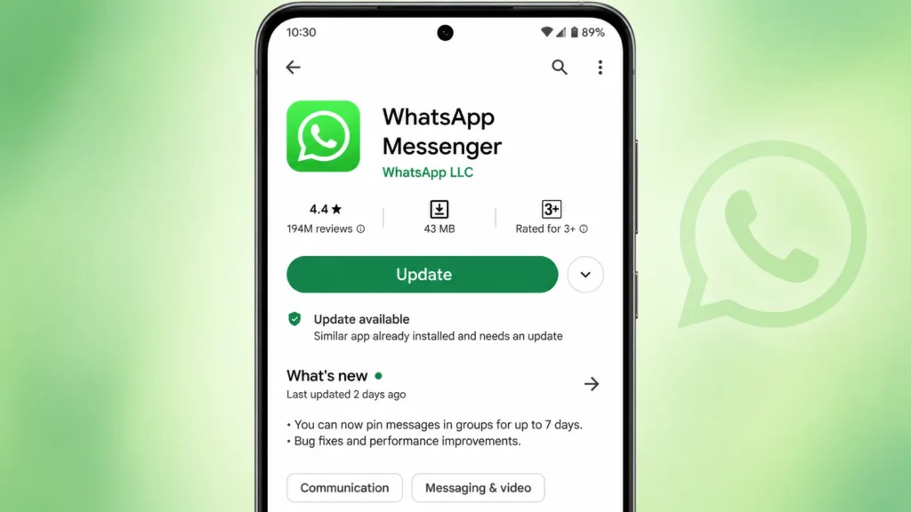 Google Play Store showing the WhatsApp Update button for the latest official version