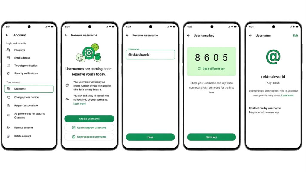 WhatsApp Username setup steps showing username creation and username key
