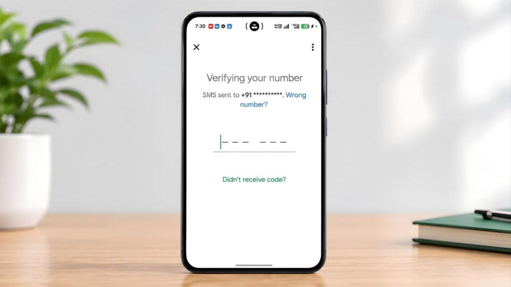WhatsApp Verification Code Not Received screen showing the OTP verification page with the phone number hidden.
