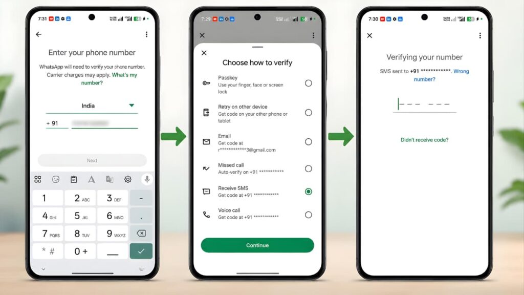 WhatsApp Verification Code Not Received verification process showing phone number entry, verification method selection, and OTP verification screen.