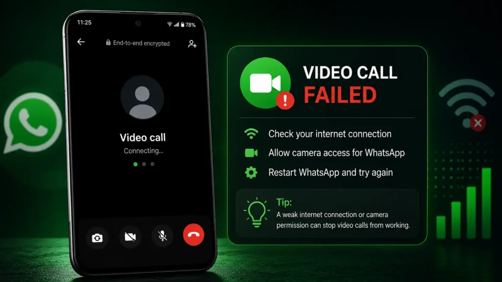 Android smartphone showing a WhatsApp video call stuck on Connecting with a Video Call Failed warning and troubleshooting tips.