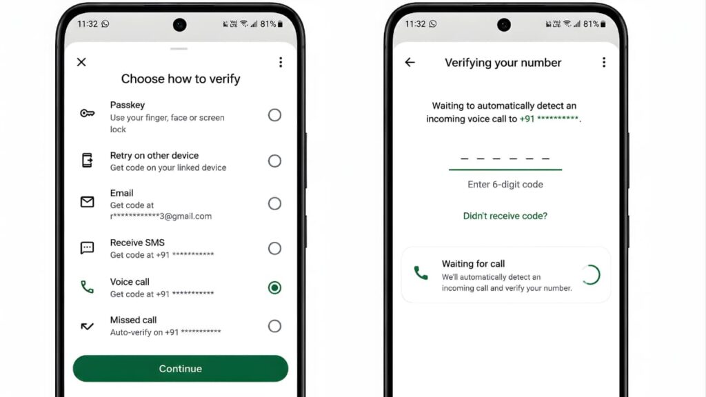 WhatsApp Voice Call verification option and automatic verification screen on Android.