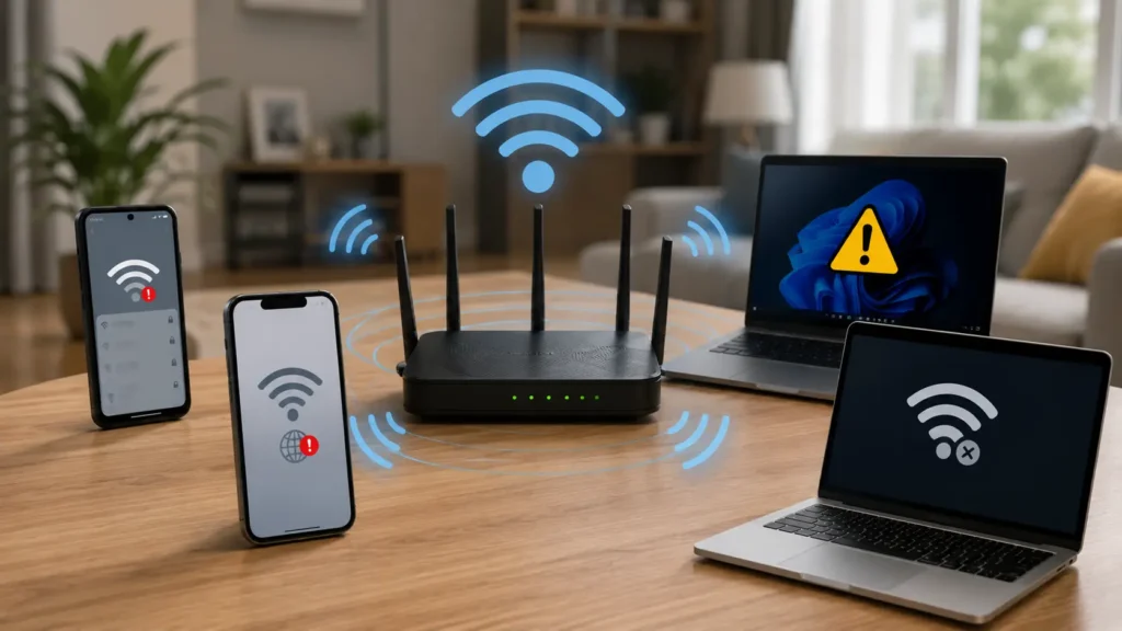 WiFi router with Android phone, iPhone, Windows laptop, and MacBook showing WiFi connection problems.