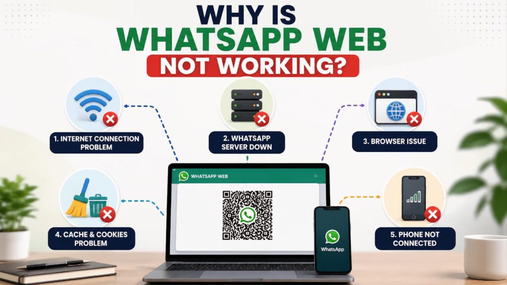 Infographic showing the most common reasons why WhatsApp Web is not working, including internet connection, server issues, browser problems, cache, and phone connection.