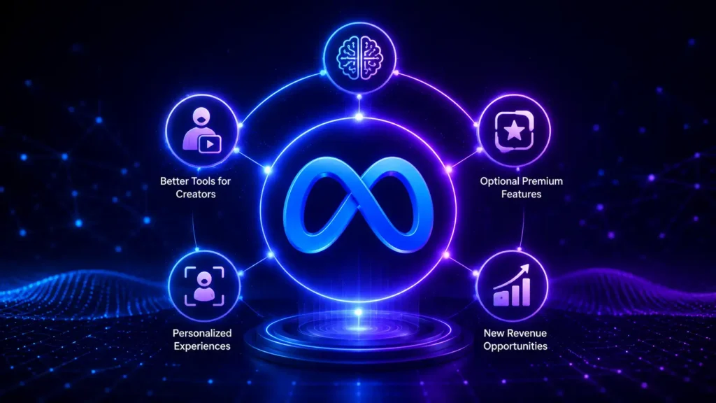 Illustration showing why Meta introduced Meta One, highlighting AI experiences, creator tools, premium features, personalization, and business growth within the Meta ecosystem.