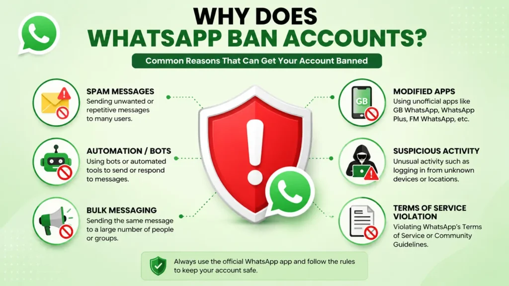 Infographic showing the common reasons why WhatsApp bans accounts, including spam, modified apps, automation, suspicious activity, and Terms of Service violations