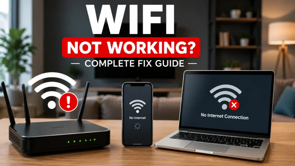WiFi Not Working guide showing a WiFi router, smartphone, and laptop with no internet connection issues.