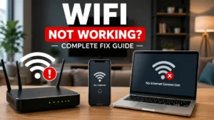 WiFi Not Working guide showing a WiFi router, smartphone, and laptop with no internet connection issues.