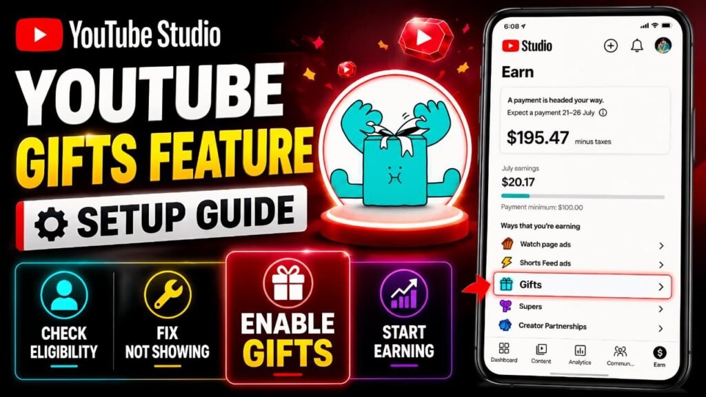 YouTube Gifts Feature setup guide in YouTube Studio showing how to enable Gifts and check eligibility