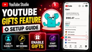 YouTube Gifts Feature setup guide in YouTube Studio showing how to enable Gifts and check eligibility