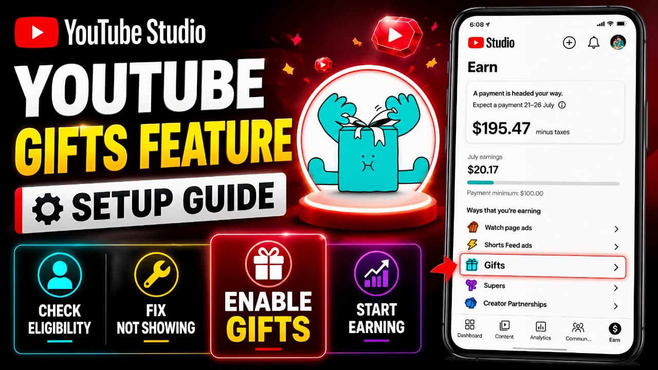 YouTube Gifts Feature setup guide in YouTube Studio showing how to enable Gifts and check eligibility