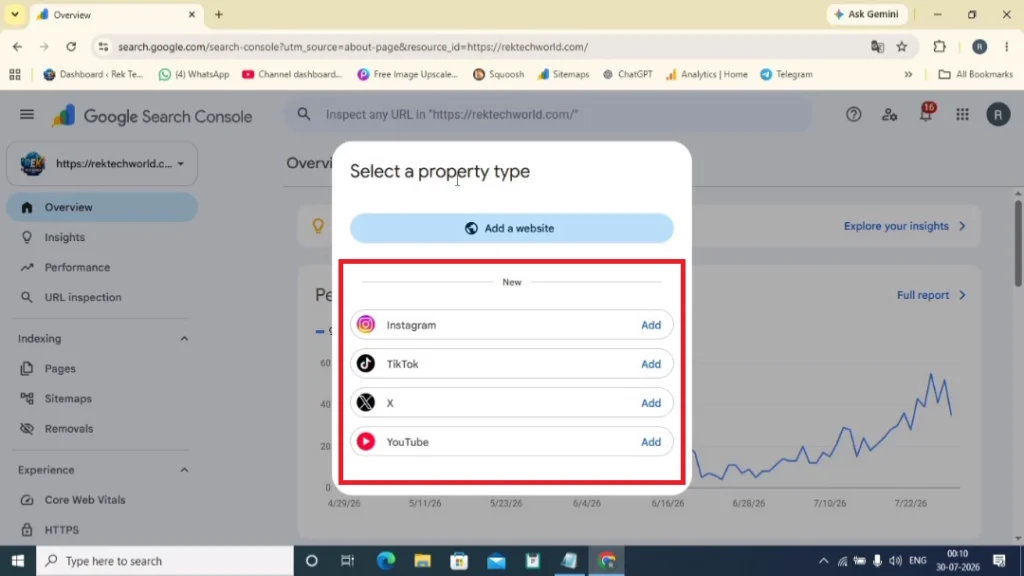 Google Search Console showing the YouTube channel selection screen before adding a YouTube Platform Property.