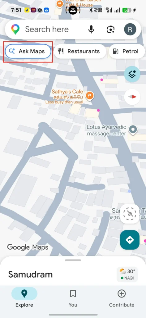 Google Maps home screen showing the Ask Maps feature button