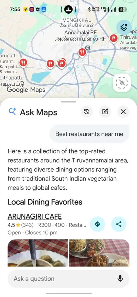 Google Maps Ask Maps displaying recommended places and search results