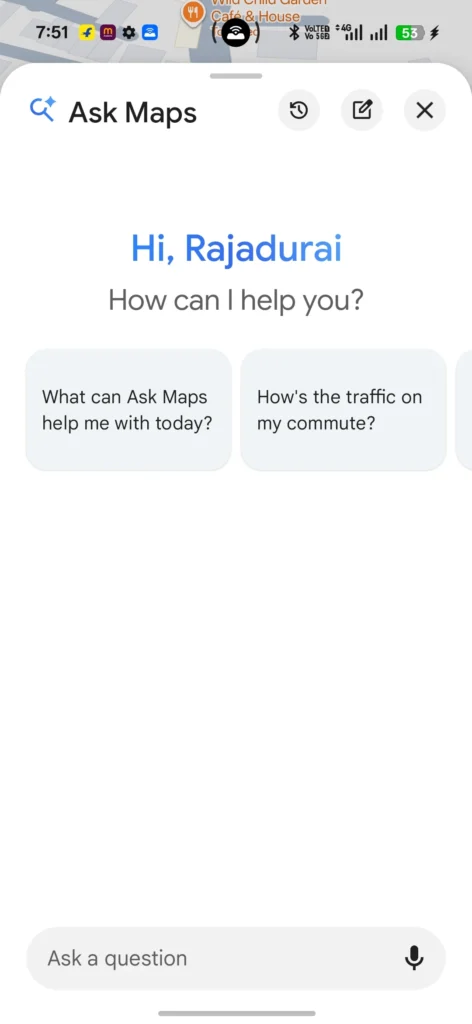 Google Maps Ask Maps welcome screen with conversational search interface