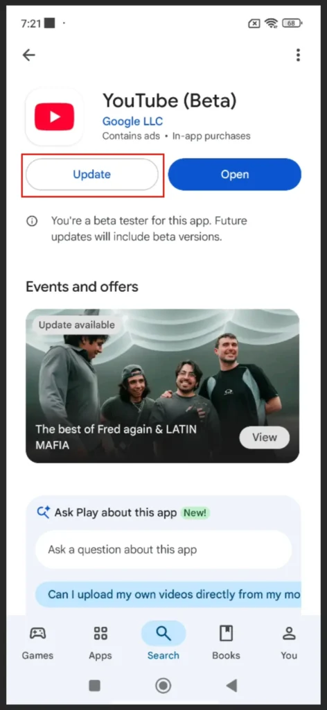 Google Play Store Showing the YouTube Update Button