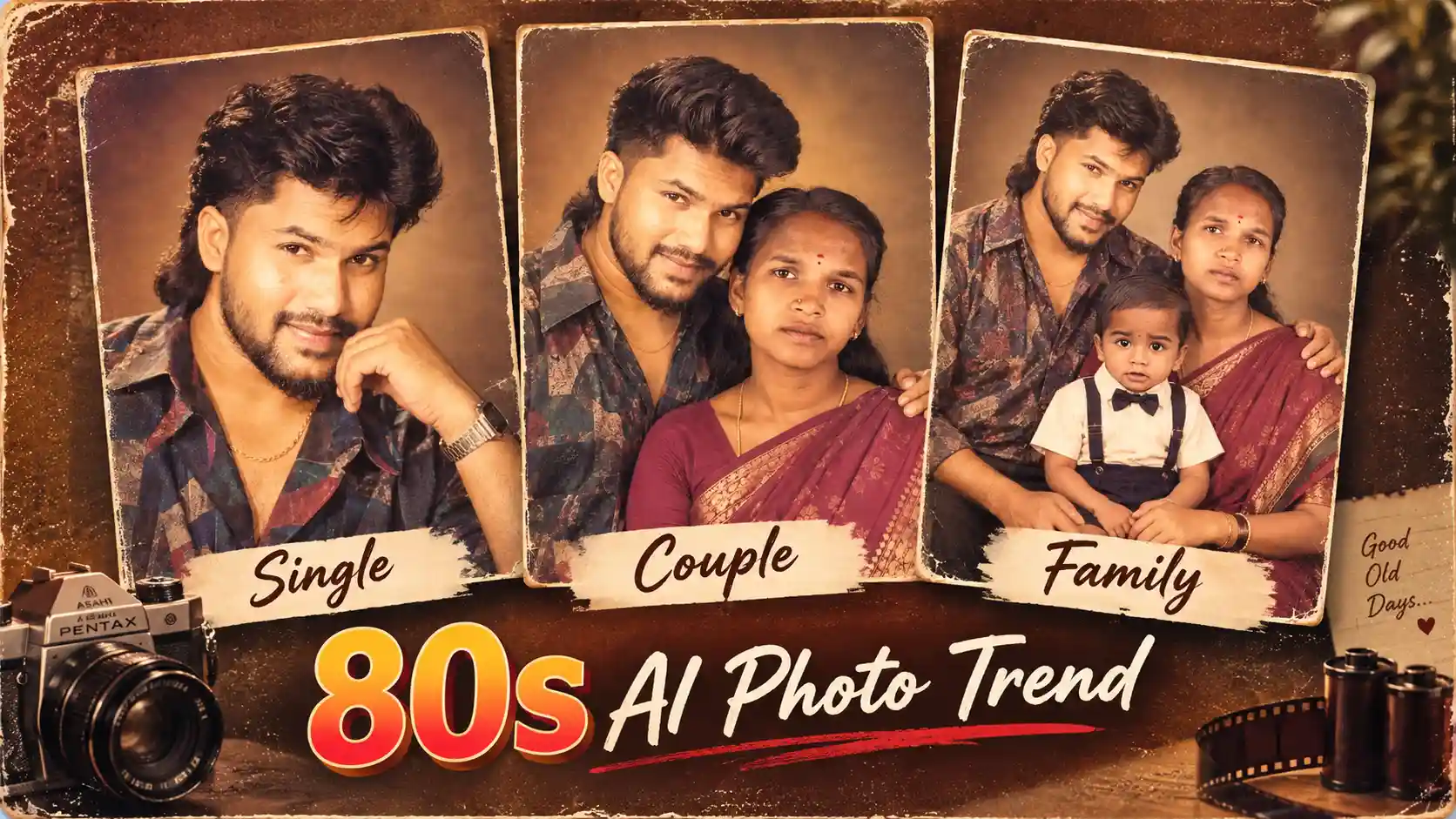 80s AI Photo Trend featuring single person, couple and family retro photos