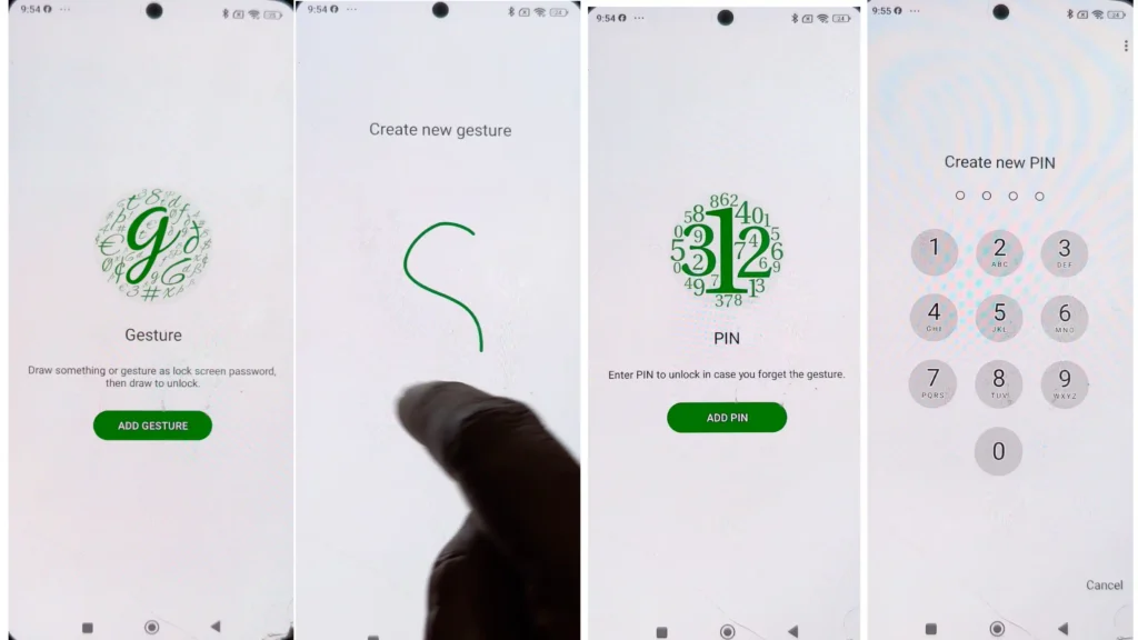 Gesture Lock Screen app interface showing gesture unlock, recovery password and intruder alert features