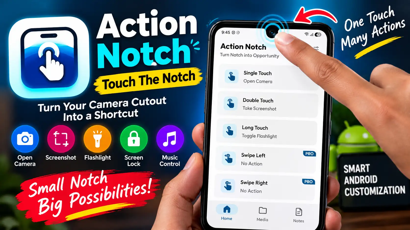 Action Notch: Touch The Notch Android app turning the camera cutout into a shortcut