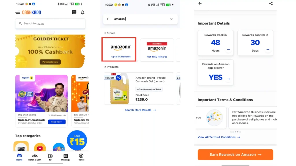 CashKaro app home screen showing cashback offers and earnings tracking