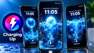 Charging Animation Effects app showing a water charging animation on an Android phone