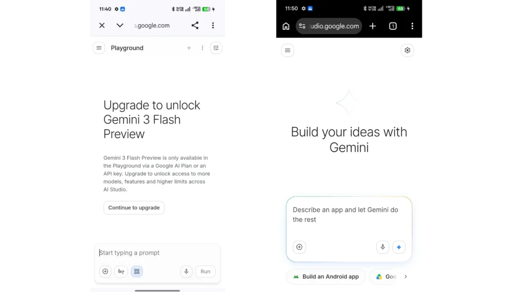 Google AI Studio workspace showing Gemini prompt interface and Build Mode