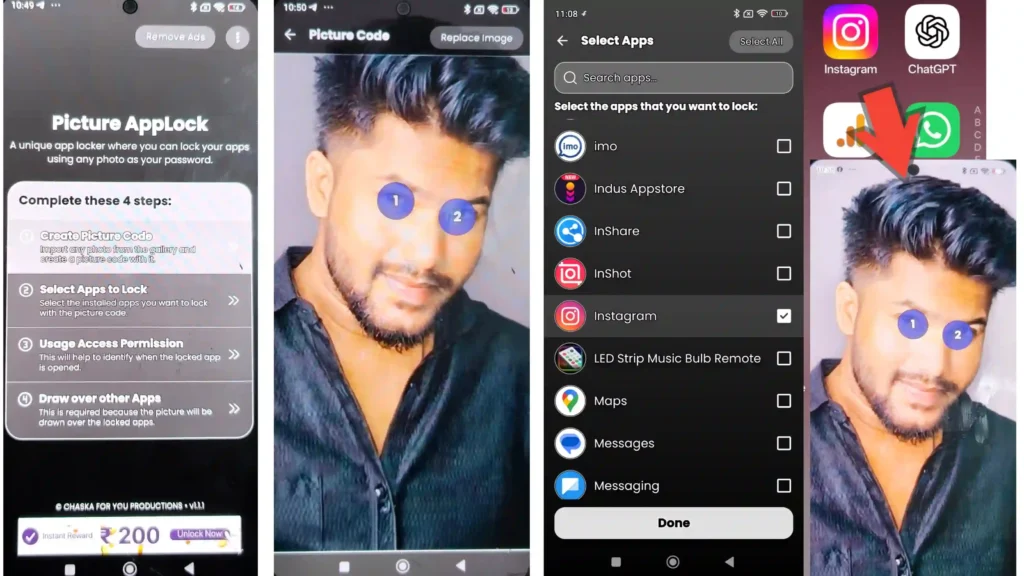 Picture AppLock photo PIN setup and picture-based app unlock screen