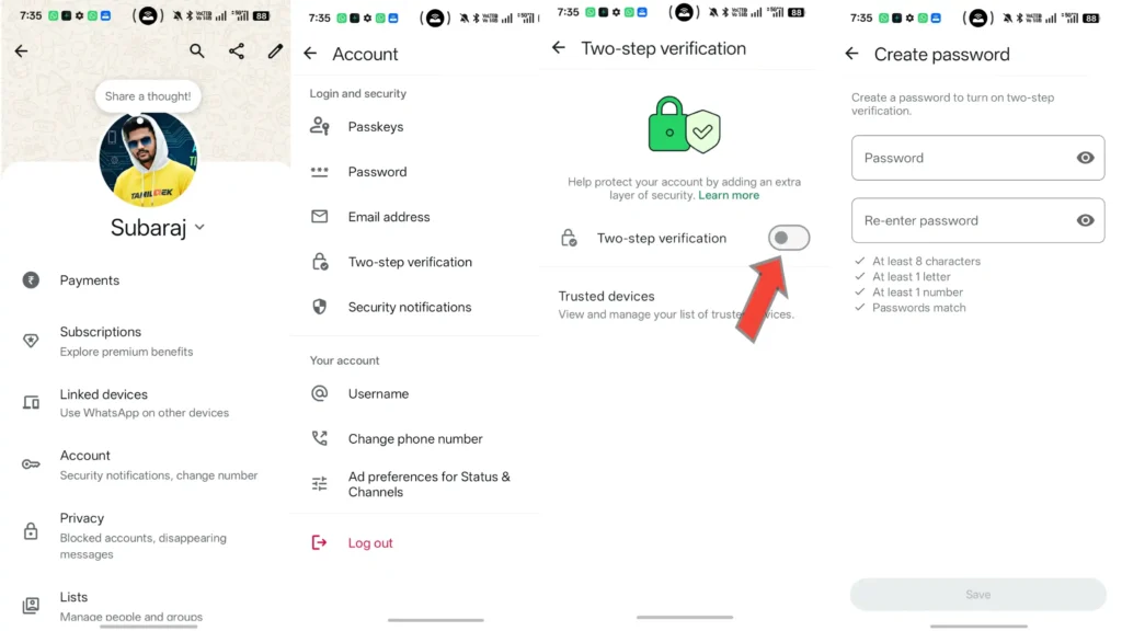 WhatsApp Two-Step Verification password setup steps