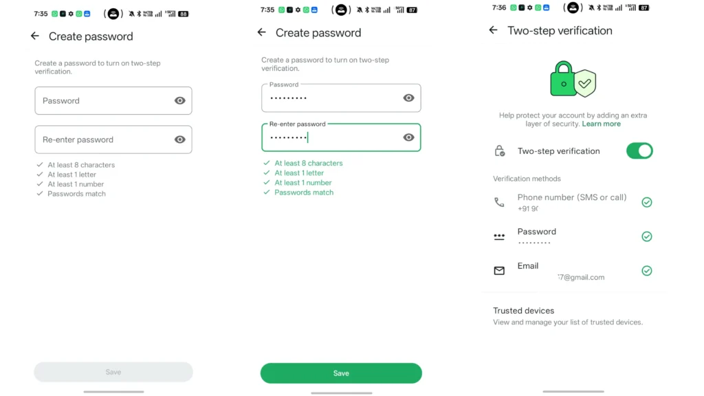 WhatsApp Two-Step Verification password setup and confirmation