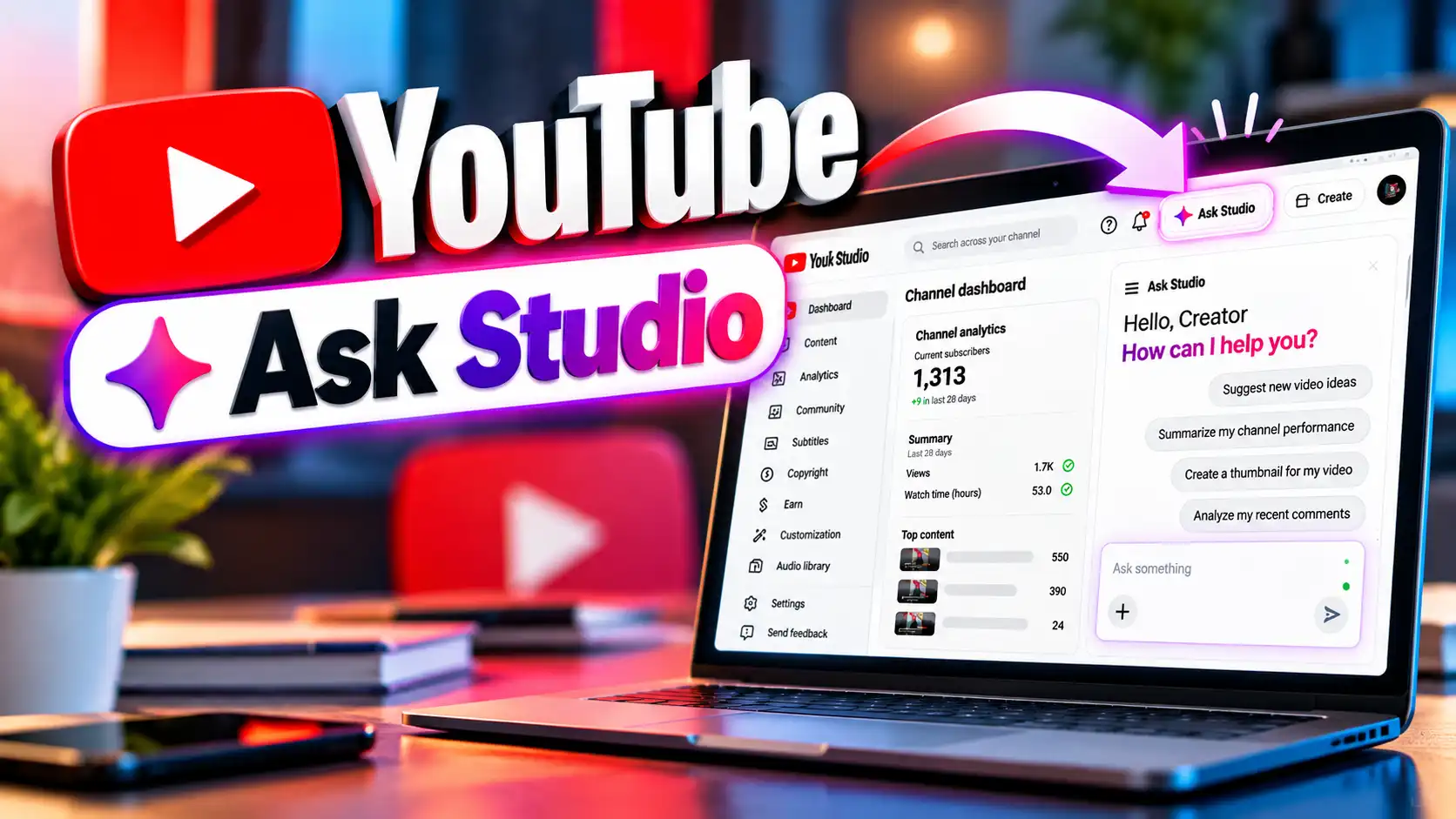 YouTube Ask Studio interface on a laptop