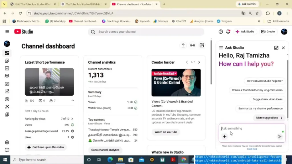 YouTube Ask Studio interface in YouTube Studio