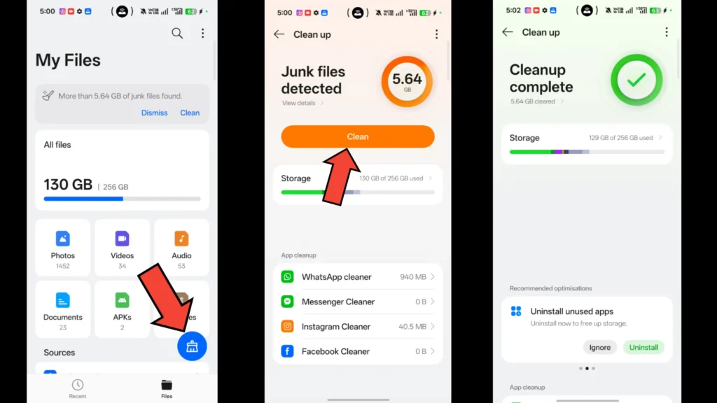 Oppo My Files showing junk files detected and cleanup completed