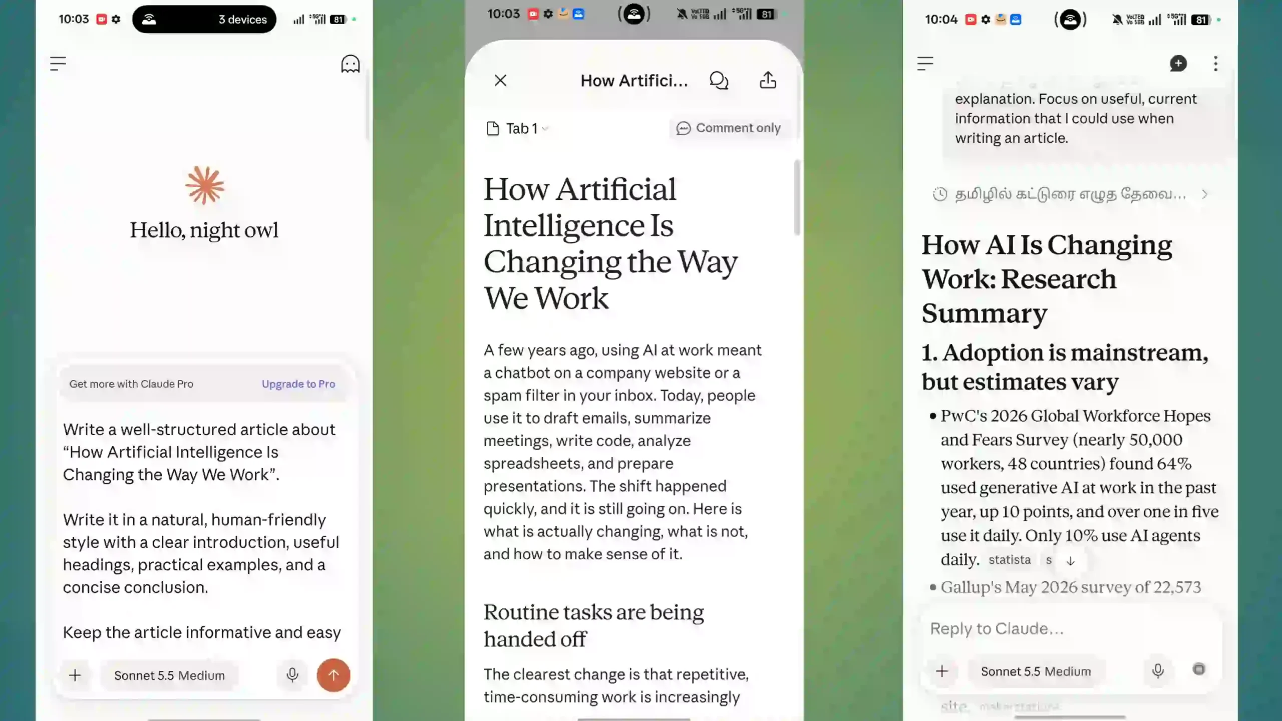 Claude AI review showing article writing and research testing results