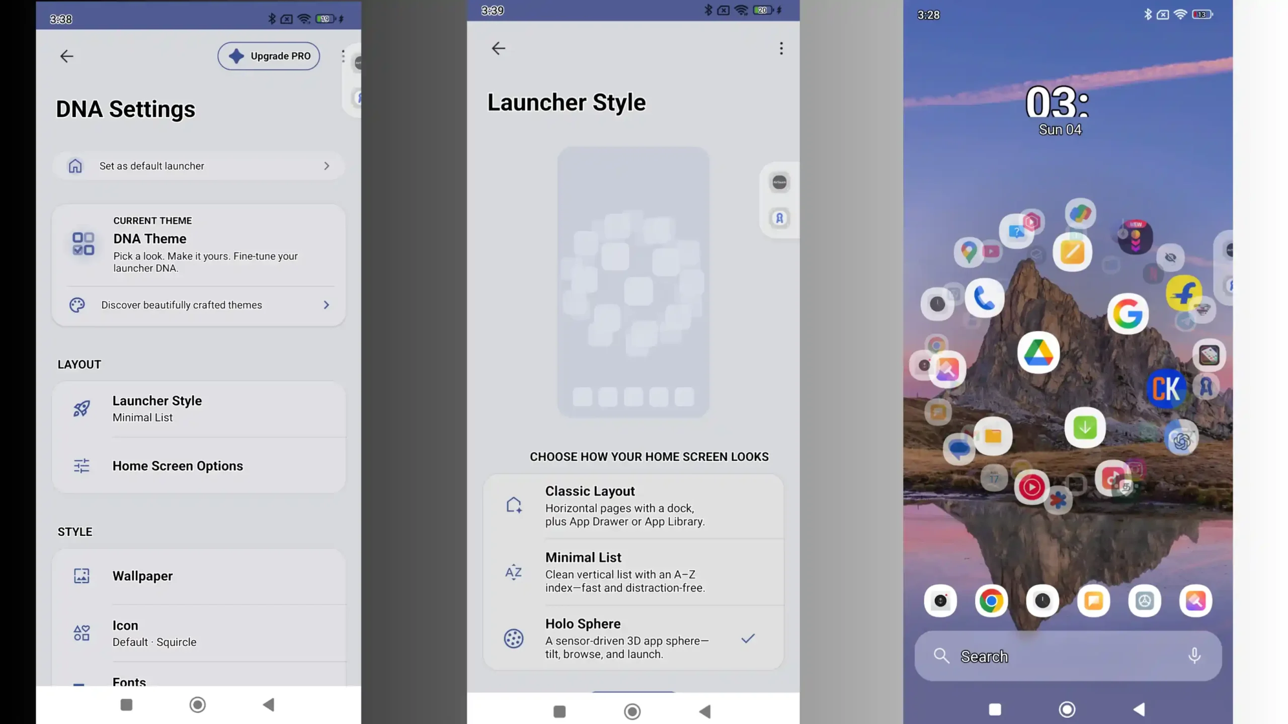 DNA Launcher settings, launcher styles and Holo Sphere home screen