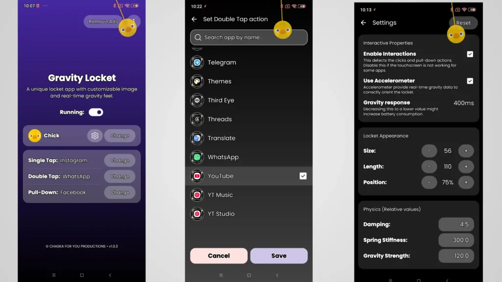 Gravity Locket main screen, app shortcut selection, and settings