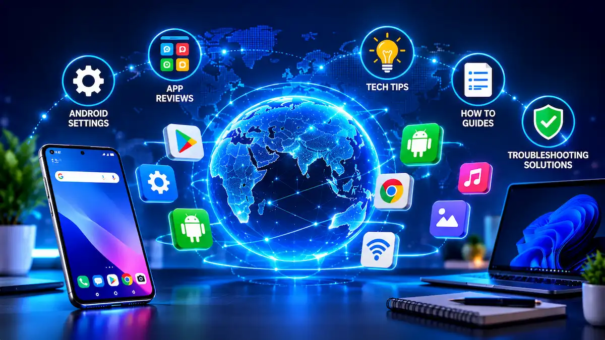 Android tech tips banner with Chrome, WiFi and settings icons around a glowing blue globe