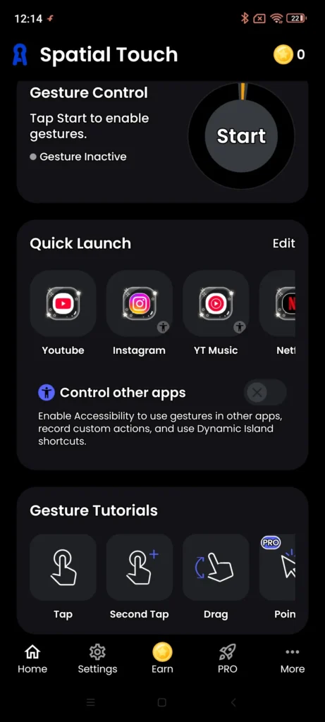 Spatial Touch home screen showing gesture control, quick launch apps, and gesture tutorials