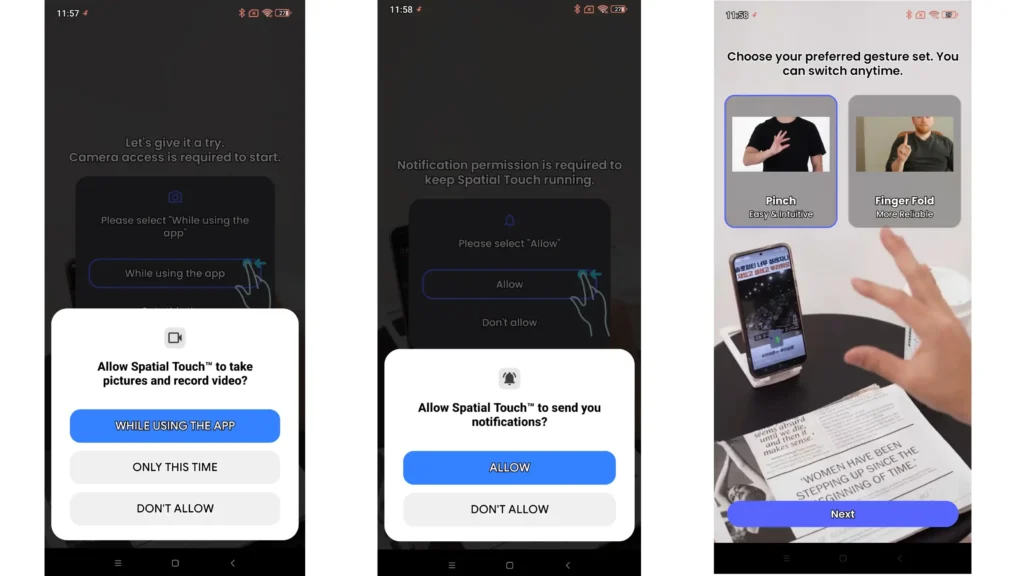 Spatial Touch setup showing camera permission, notification permission, and gesture selection